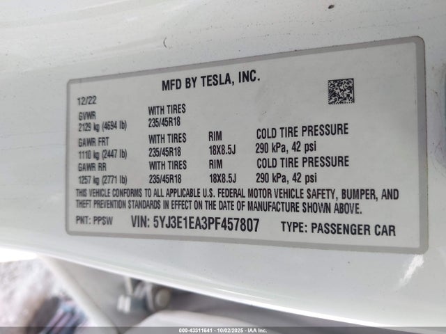 Tesla 2023 2023 5YJ3E1EA3PF457807 Image 9