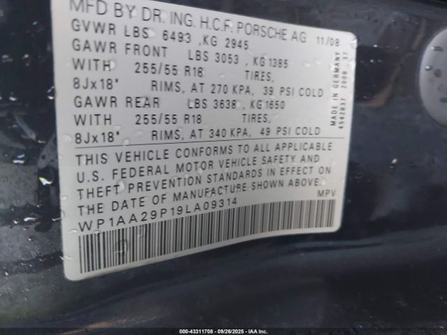 2009 PORSCHE CAYENNE WP1AA29P19LA09314 Photo 8