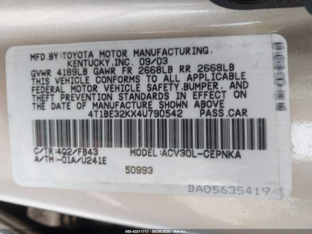 2004 TOYOTA CAMRY 4T1BE32KX4U790542 Photo 8