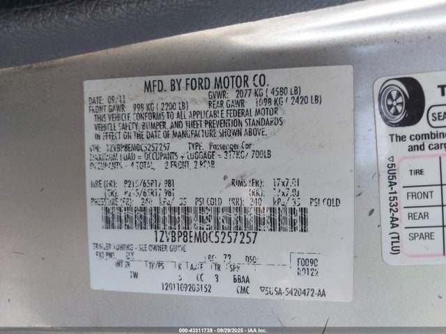 2012 FORD MUSTANG 1ZVBP8EM0C5257257 Photo 8