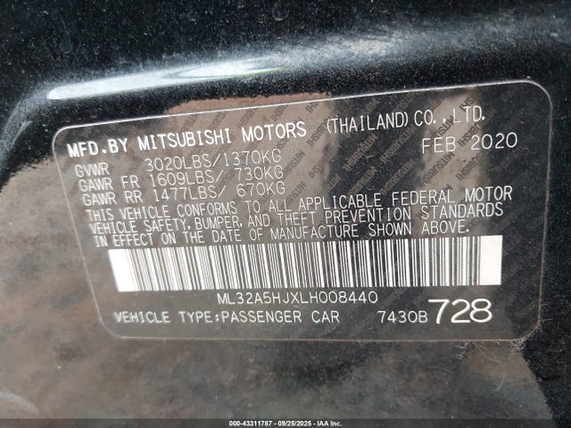 Продаж на аукціоні авто 2020 Mitsubishi Mirage Gt/le, vin: ML32A5HJXLH008440, номер лоту: 43311787