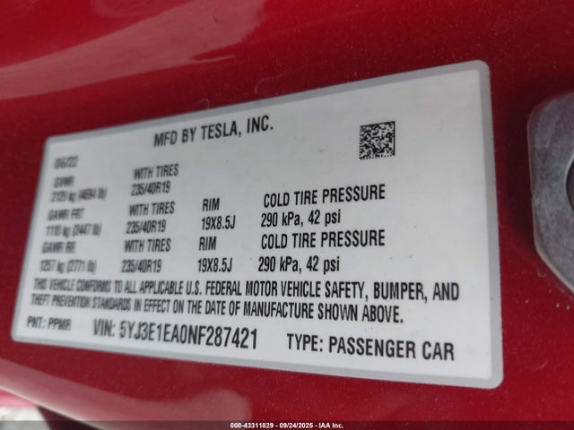 2022 TESLA MODEL 3 5YJ3E1EA0NF287421 Photo 8