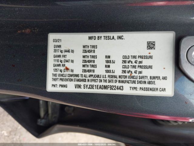 2021 TESLA MODEL 3 5YJ3E1EA0MF922443 Photo 8