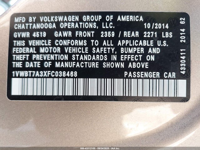 Volkswagen 2015 2015 1VWBT7A3XFC038468 Image 9