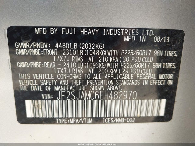 43312261 :رقم المزاد ، JF2SJAMC6EH482970 vin ، 2014 Subaru Forester 2.5i Touring مزاد بيع