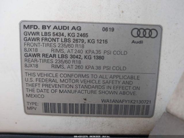 2019 AUDI Q5 WA1ANAFY1K2130721 Photo 8