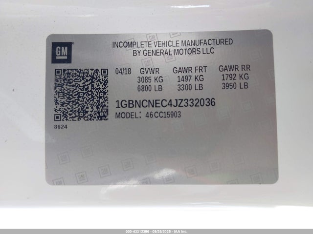 1GBNCNEC4JZ332036 Chevrolet l83 - sidi: spark ignited direct injection, vvt: variable valve timing, afm, e85 max, alum