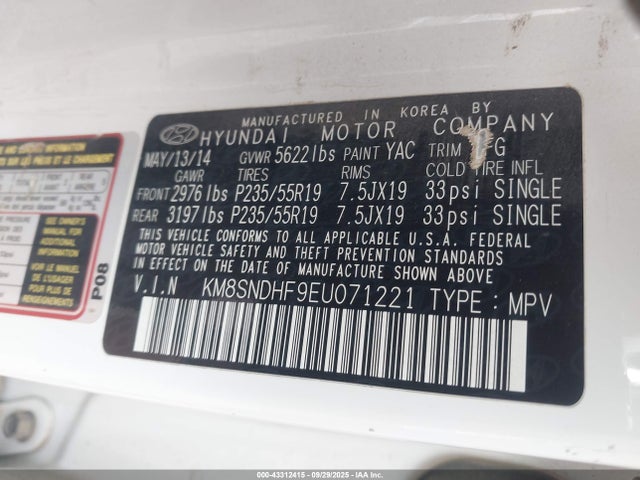 KM8SNDHF9EU071221 Hyundai dohc gdi lambda