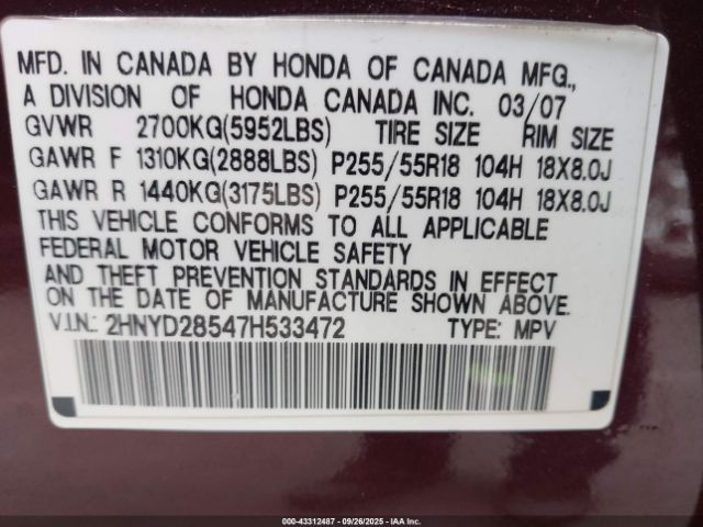 2007 ACURA MDX 2HNYD28547H533472 Photo 8