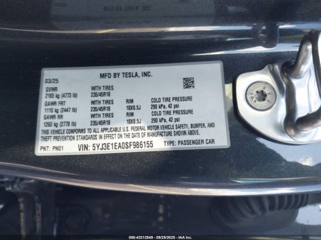 2025 TESLA MODEL 3 5YJ3E1EA0SF986155 Photo 8