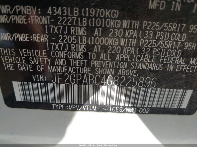 Subaru naturally aspirated 2016 JF2GPABC4G8225896 Image 9
