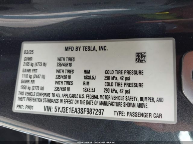 2025 TESLA MODEL 3 5YJ3E1EA3SF987297 Photo 8