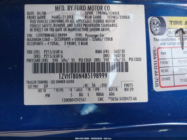 Продаж на аукціоні авто 2008 Ford Mustang V6 Deluxe/v6 Premium, vin: 1ZVHT80N485198999, номер лоту: 43312900