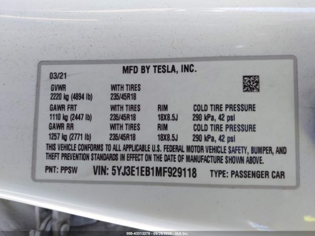 2021 TESLA MODEL 3 5YJ3E1EB1MF929118 Photo 8