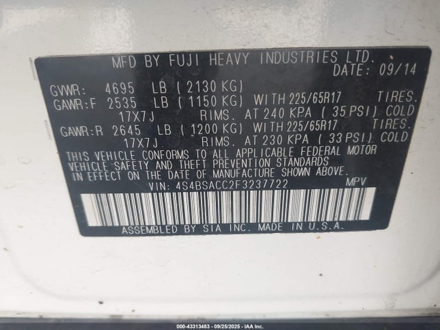 Subaru 2.5l u5 2015 4S4BSACC2F3237722 Image 9