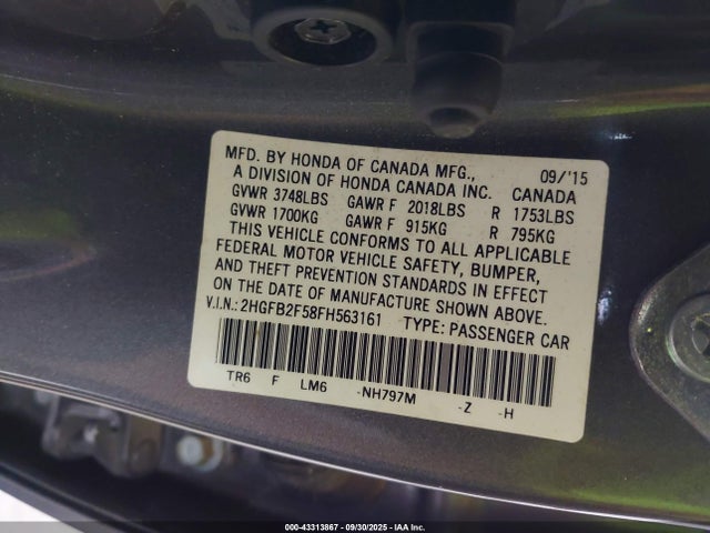 Honda r18z1 2015 2HGFB2F58FH563161 Image 9