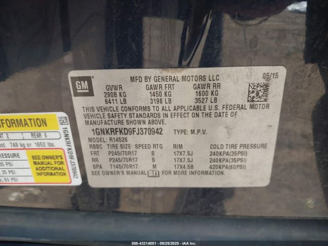 2015 CHEVROLET TRAVERSE 1GNKRFKD9FJ370942 Photo 8