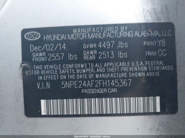 2015 HYUNDAI SONATA 5NPE24AF2FH145367 Photo 8