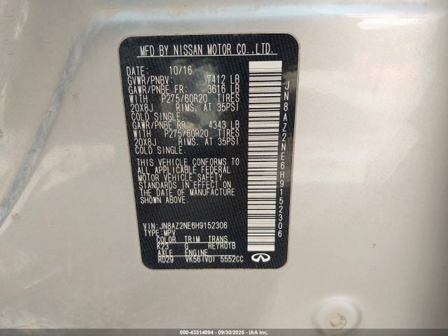2017 Infiniti Qx80 მანქანა იყიდება აუქციონზე, vin: JN8AZ2NE6H9152306, აუქციონის ნომერი: 43314094