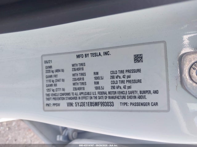 2021 TESLA MODEL 3 5YJ3E1EB5MF993033 Photo 8