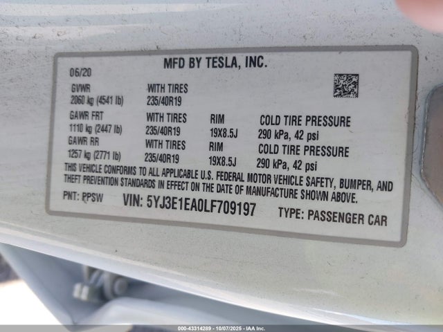 Aukcja sprzedaży 2020 Tesla Model 3 Standard Range Plus Rear-wheel Drive/standard Range Rear-wheel Drive, vin: 5YJ3E1EA0LF709197, numer aukcji: 43314289