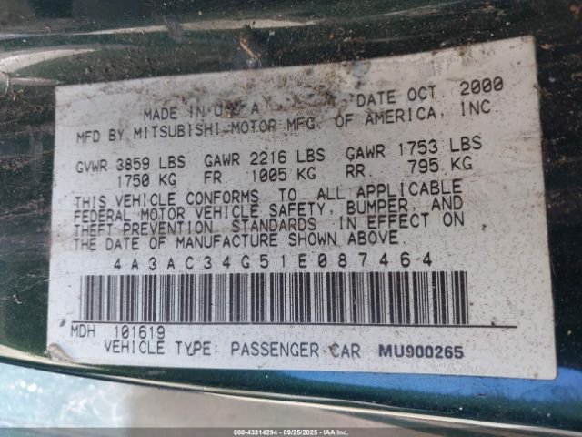 2001 MITSUBISHI ECLIPSE 4A3AC34G51E087464 Photo 8