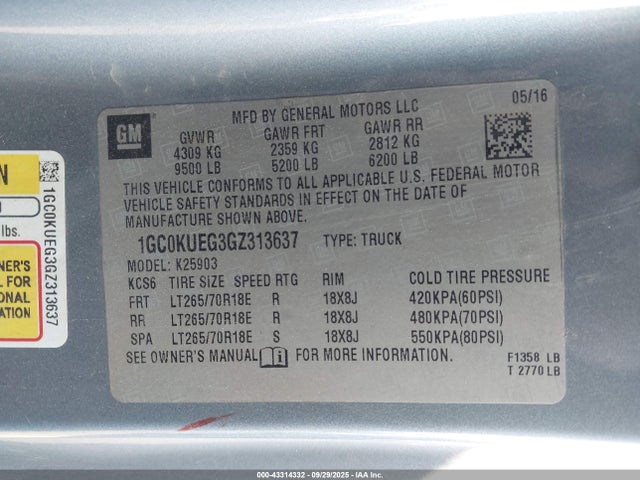 1GC0KUEG3GZ313637 Chevrolet l96 - flexible fuel (gas/ethanol), sfi iron