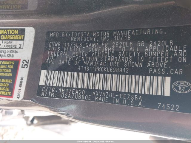 2019 TOYOTA CAMRY 4T1B11HK0KU698912 Photo 8