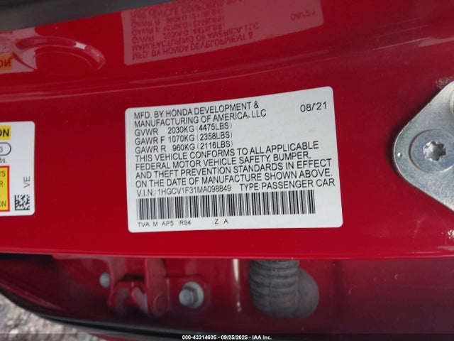 Honda l15be 2021 1HGCV1F31MA098849 Image 9