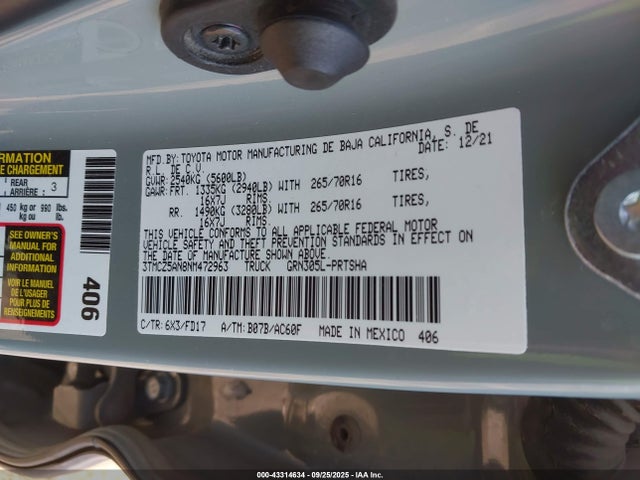 Продажа на аукционе авто 2022 Toyota Tacoma Trd Off Road, vin: 3TMCZ5AN8NM472963, номер лота: 43314634