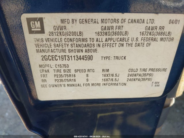 2001 CHEVROLET SILVERADO 1500 2GCEC19T311344590 Photo 8