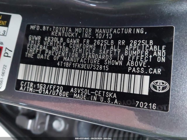 Toyota 2ar-fe 2014 4T1BF1FK9EU752815 Image 9