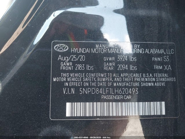 5NPD84LF1LH620493 Hyundai mpi nu