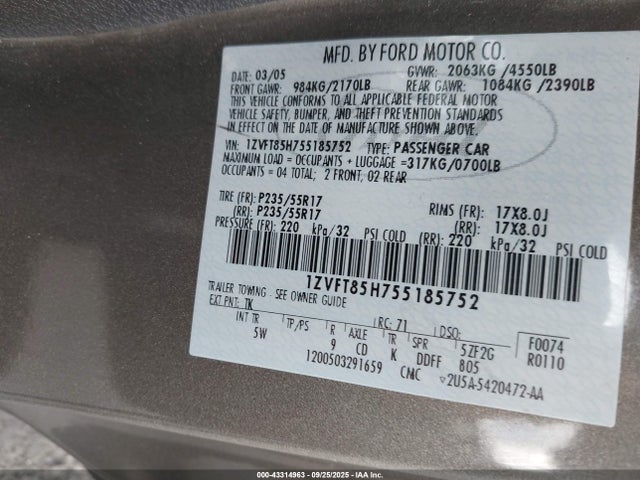 2005 Ford Mustang Gt მანქანა იყიდება აუქციონზე, vin: 1ZVFT85H755185752, აუქციონის ნომერი: 43314963