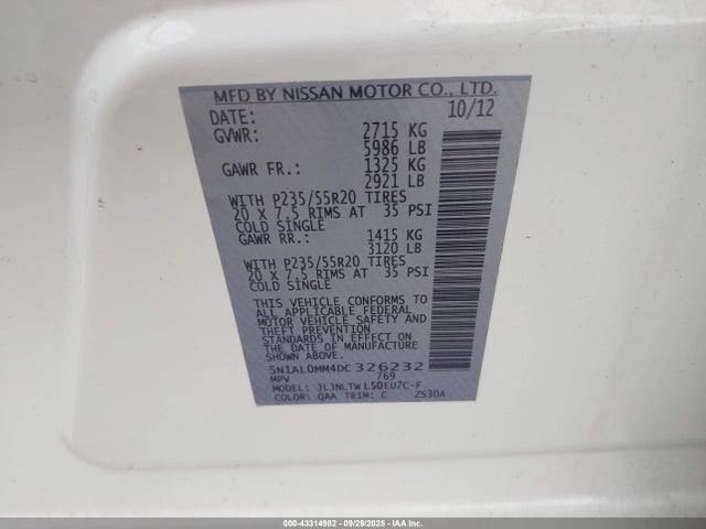 Продажа на аукционе авто 2013 Infiniti Jx35, vin: 5N1AL0MM4DC326232, номер лота: 43314982