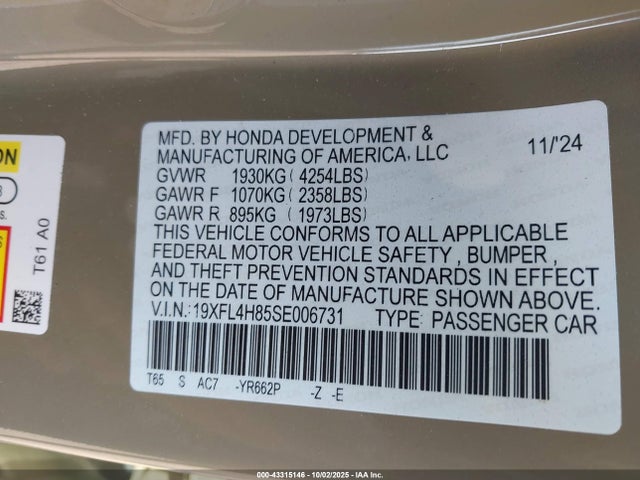 2025 Honda Civic Hybrid Sport მანქანა იყიდება აუქციონზე, vin: 19XFL4H85SE006731, აუქციონის ნომერი: 43315146