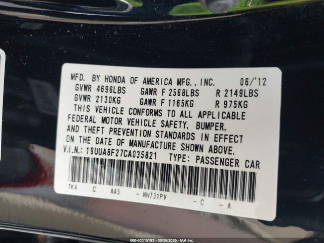 2012 ACURA TL 19UUA8F27CA035821 Photo 8