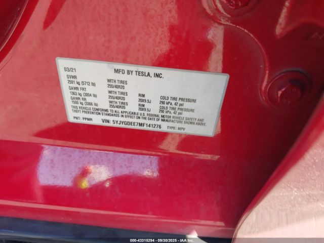 2021 TESLA MODEL Y 5YJYGDEE7MF141276 Photo 8