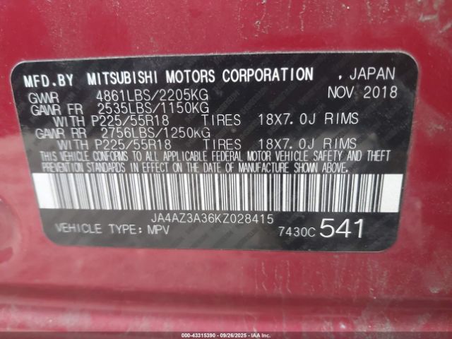 2019 MITSUBISHI OUTLANDER JA4AZ3A36KZ028415 Photo 8