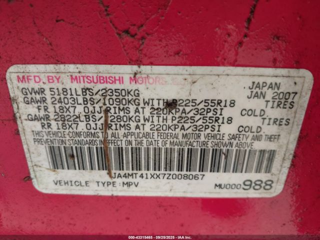 2007 MITSUBISHI OUTLANDER JA4MT41XX7Z008067 Photo 8