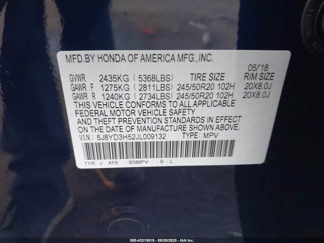 Acura j35y5 2018 5J8YD3H52JL009132 Image 9