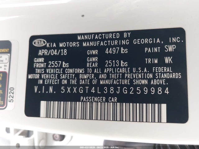 5XXGT4L38JG259984 KIA Optima Lx