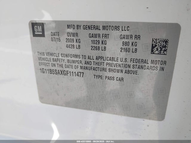 Chevrolet lcv -sidi, dcvcp, vvt, dcvcp, e85 max, e0-e100, aluminum 2016 1G11B5SAXGF111477 Image 9