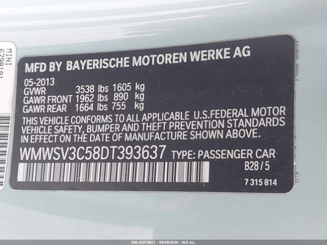 2013 MINI HARDTOP WMWSV3C58DT393637 Photo 8