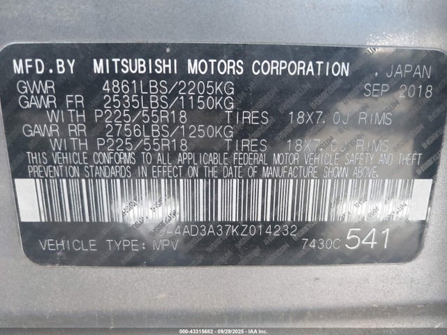 2019 MITSUBISHI OUTLANDER JA4AD3A37KZ014232 Photo 8