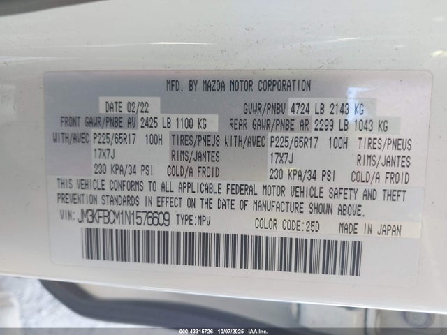 Aukcja sprzedaży 2022 Mazda Cx-5 2.5 S Preferred, vin: JM3KFBCM1N1576609, numer aukcji: 43315726