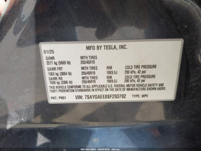 2025 TESLA MODEL Y 7SAYGAEE8SF293792 Photo 8
