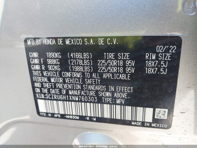 3CZRU6H1XNM760303 Honda r18z9