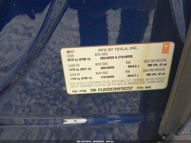 Tesla MODEL X 2017 5YJXCDE28HF052237 Image 9