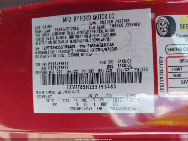 2005 FORD MUSTANG 1ZVFT85H255193483 Photo 8